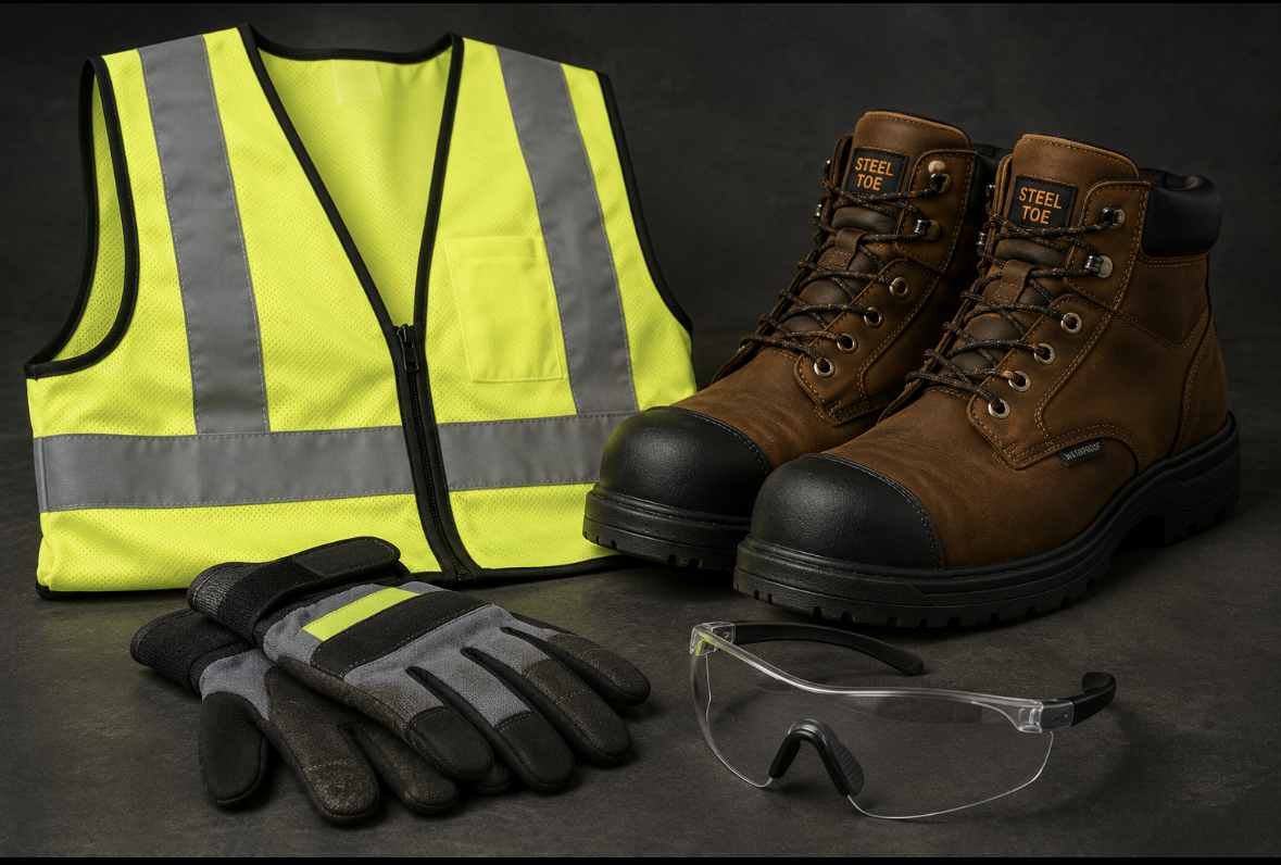 High-visibility vest, safety-toe boots, work gloves, and safety glasses
